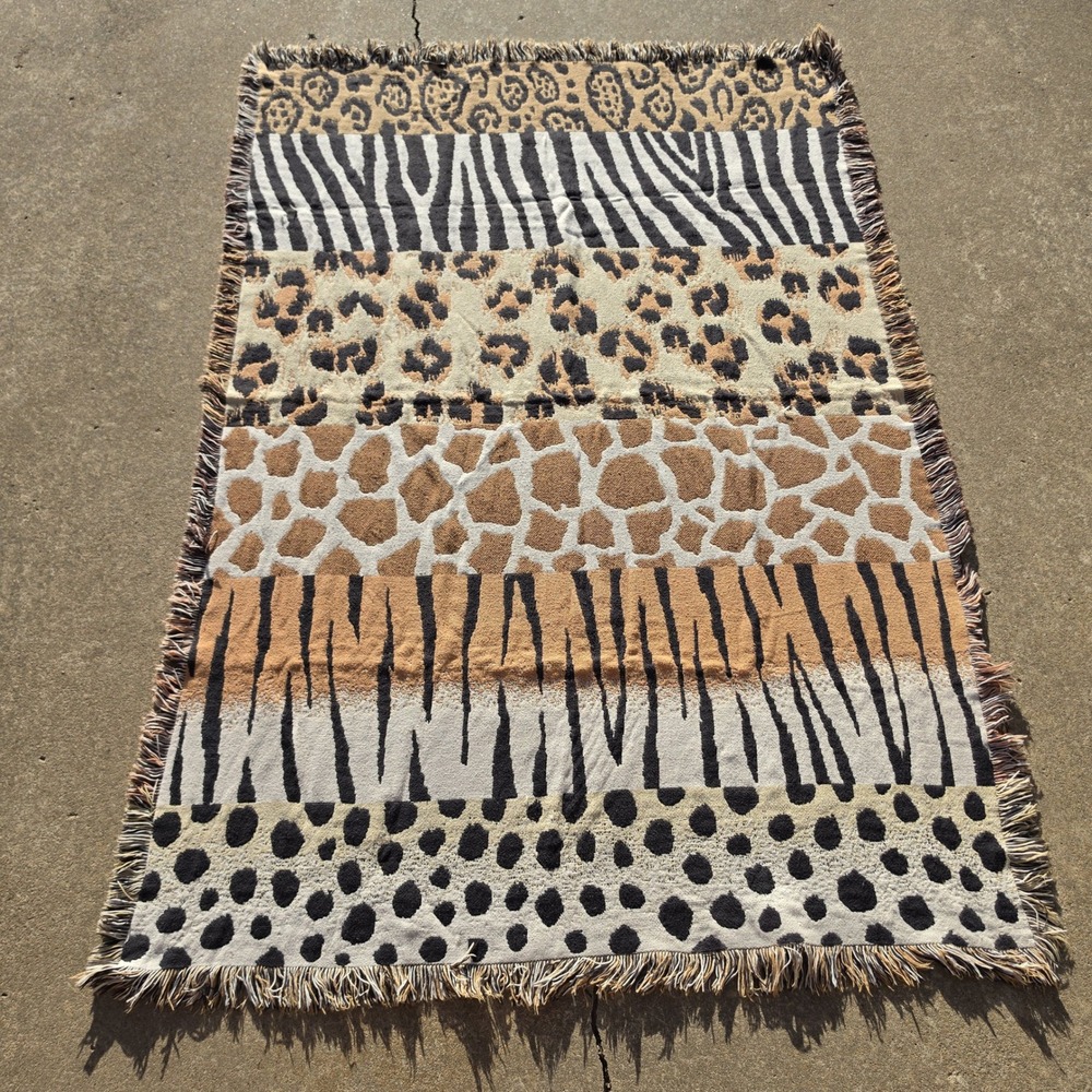Vintage Woven Animal Print Patchwork Throw Blanket Fringed Tapestry 70x48